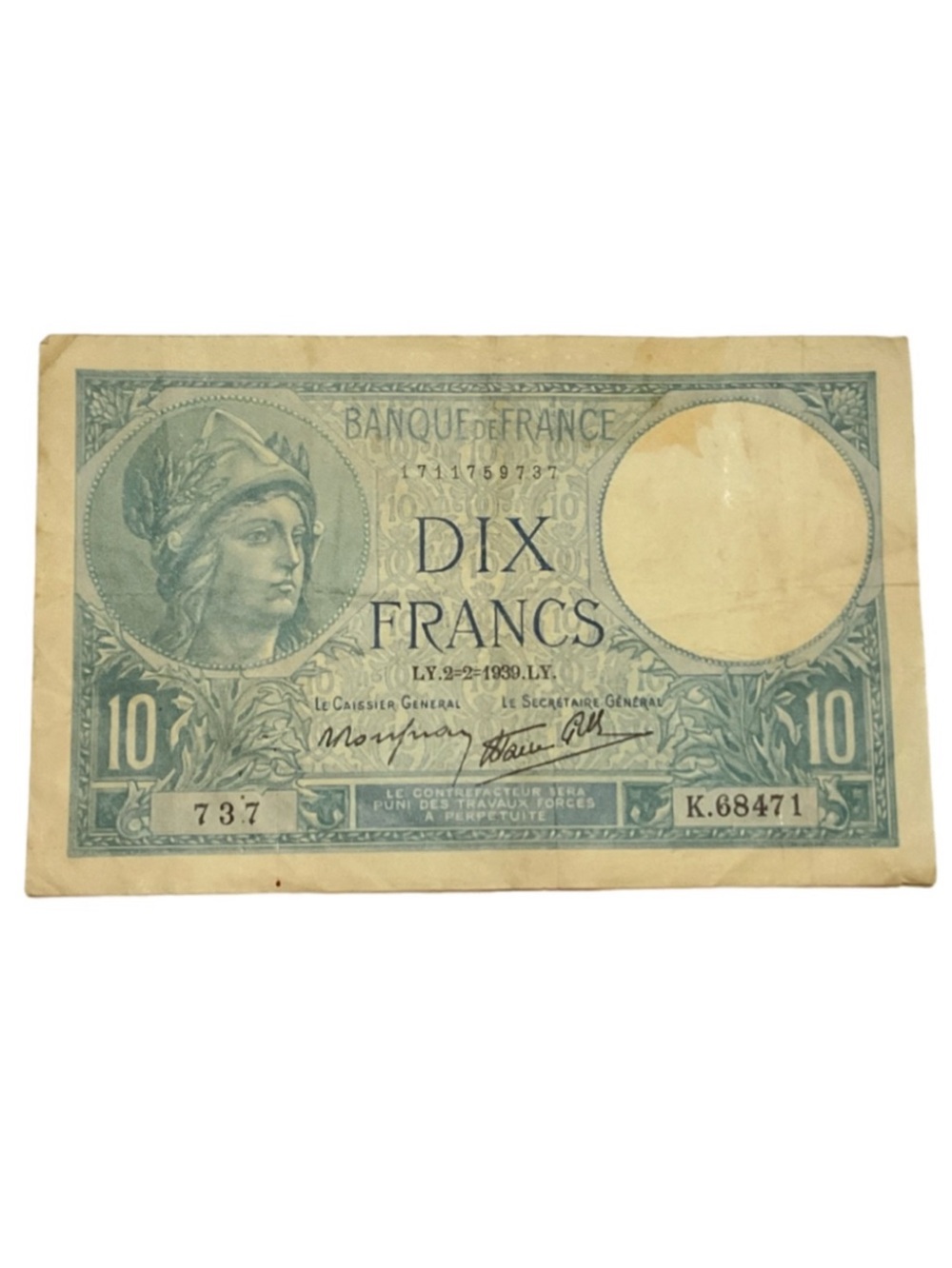Vintage French 10 Francs Banknote - Dix Francs - 1937